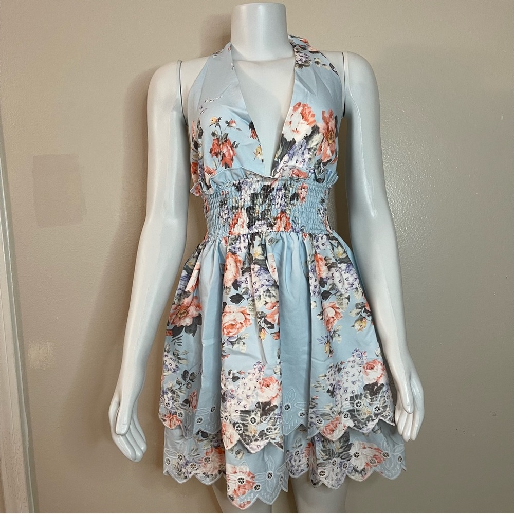 Light blue floral print halter neck deep V-neck ruffle scalloped hem mini dress - Picture 12 of 12